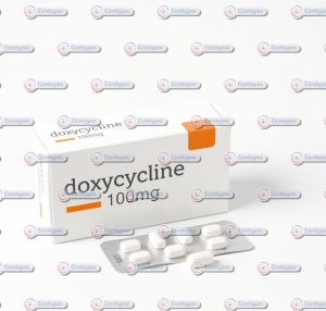 A bottle of Doxycycline capsules, an antibiotic used to treat various bacterial infections, displayed with dosage information, available at CureTypes.com.