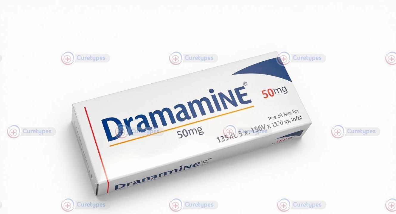 Image of Dramamine packaging, containing dimenhydrinate, effective for motion sickness relief.